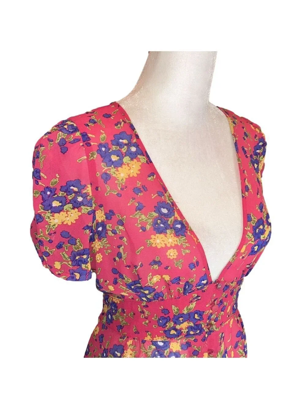 FOREVER 21 Adorable Pink Floral Print Button Up Sheer Blouse w/ Tie Back Size S - Picture 4 of 8